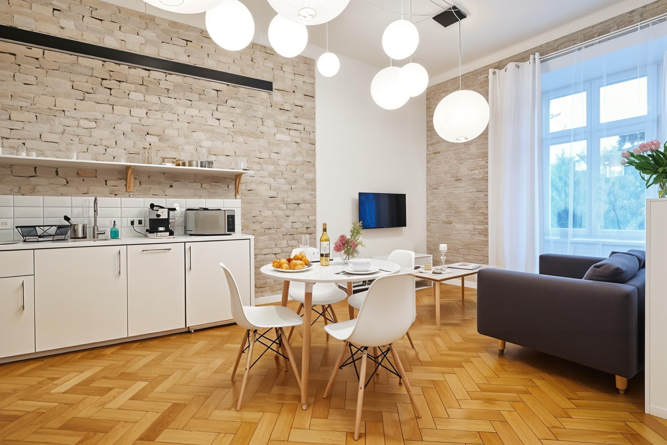 Une cuisine moderne avec des meubles blancs, une table à manger avec des chaises et un canapé gris.