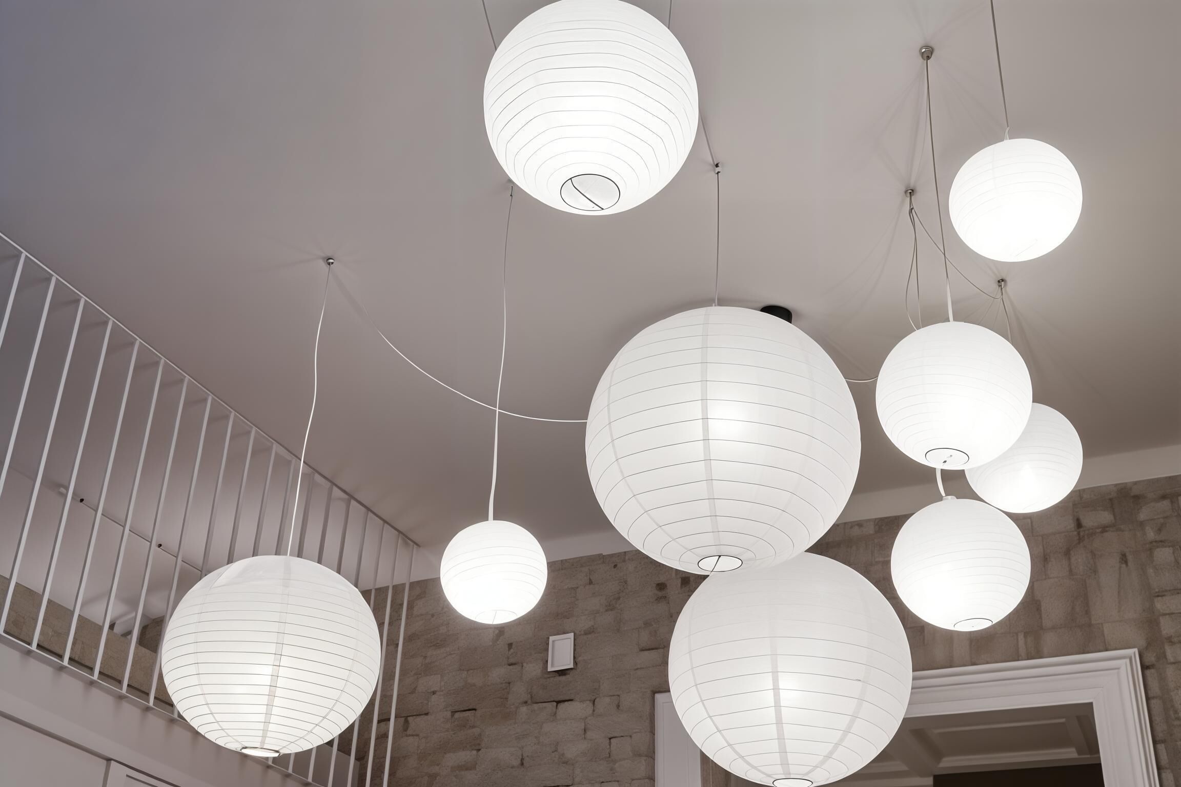 A staircase with white railings and multiple white paper lanterns hanging from the ceiling.