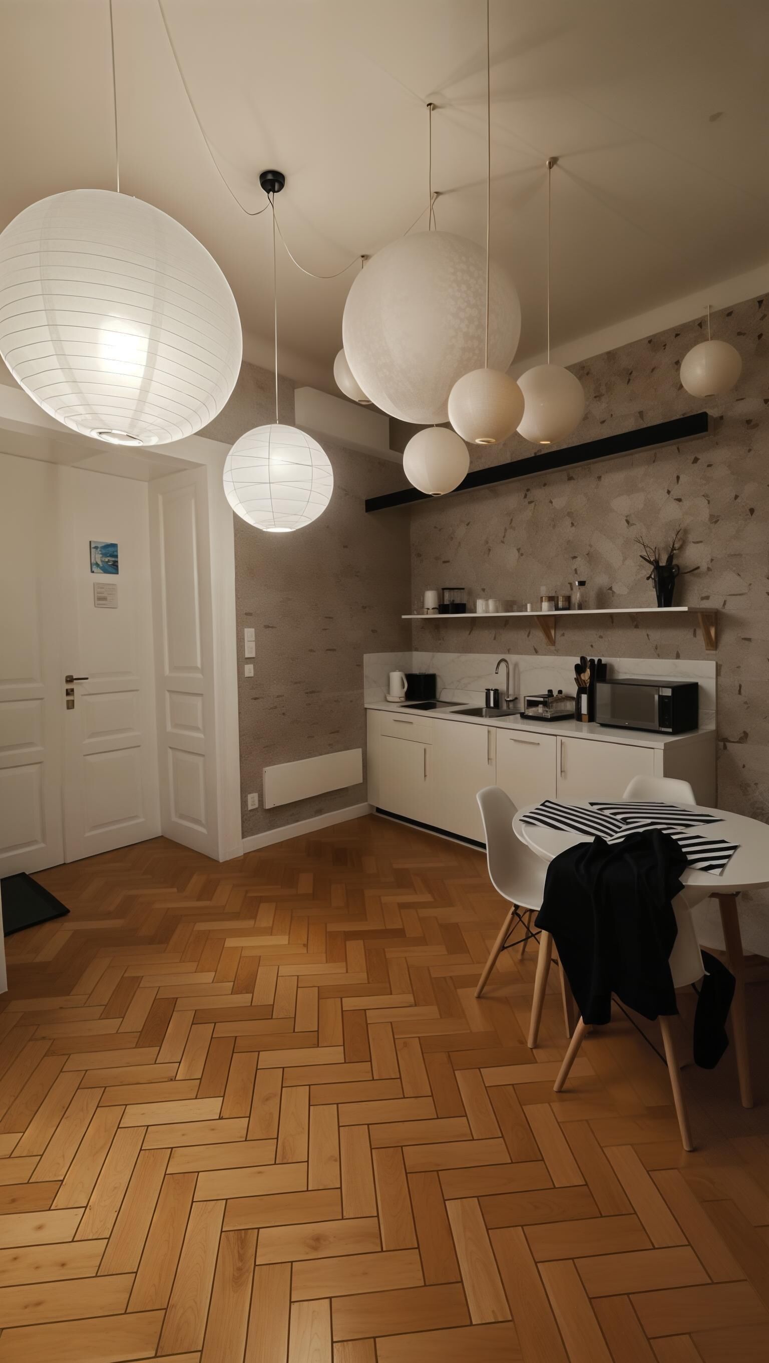 A modern kitchen with white cabinets, a herringbone wooden floor, and pendant lighting.