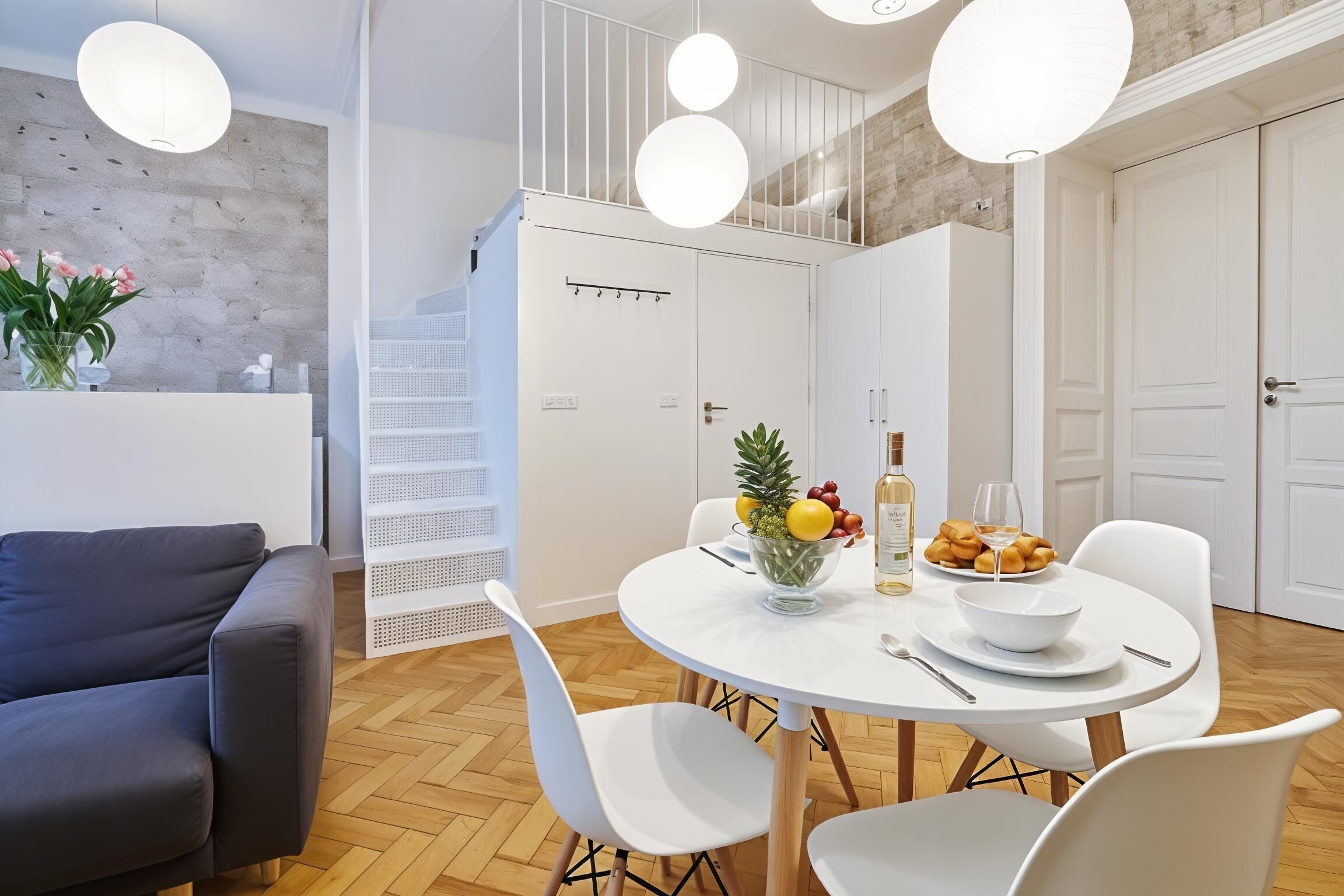 Una cocina moderna con una mesa redonda, sillas blancas y un frutero.