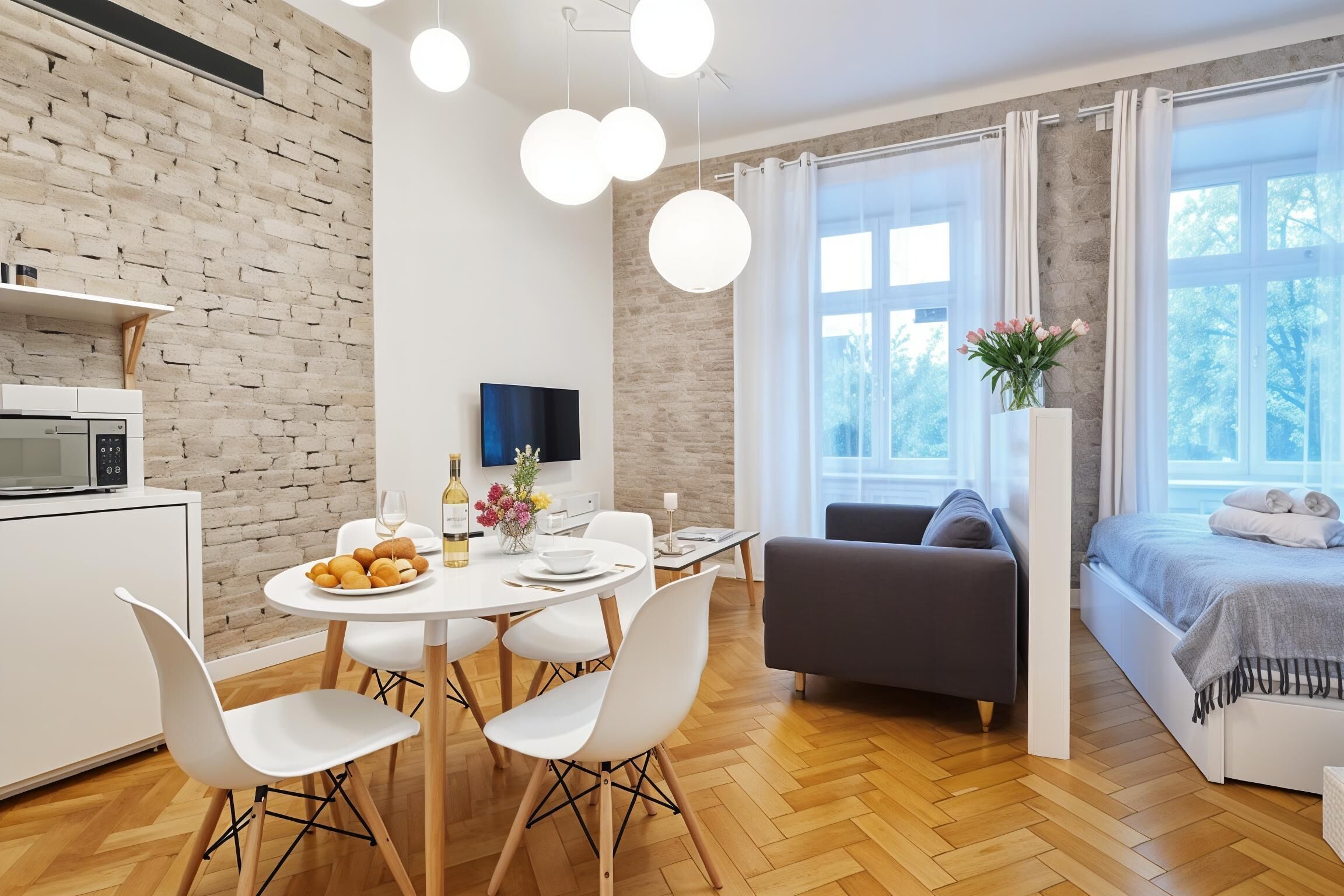 A modern living space with a kitchen, dining area, and bedroom.
