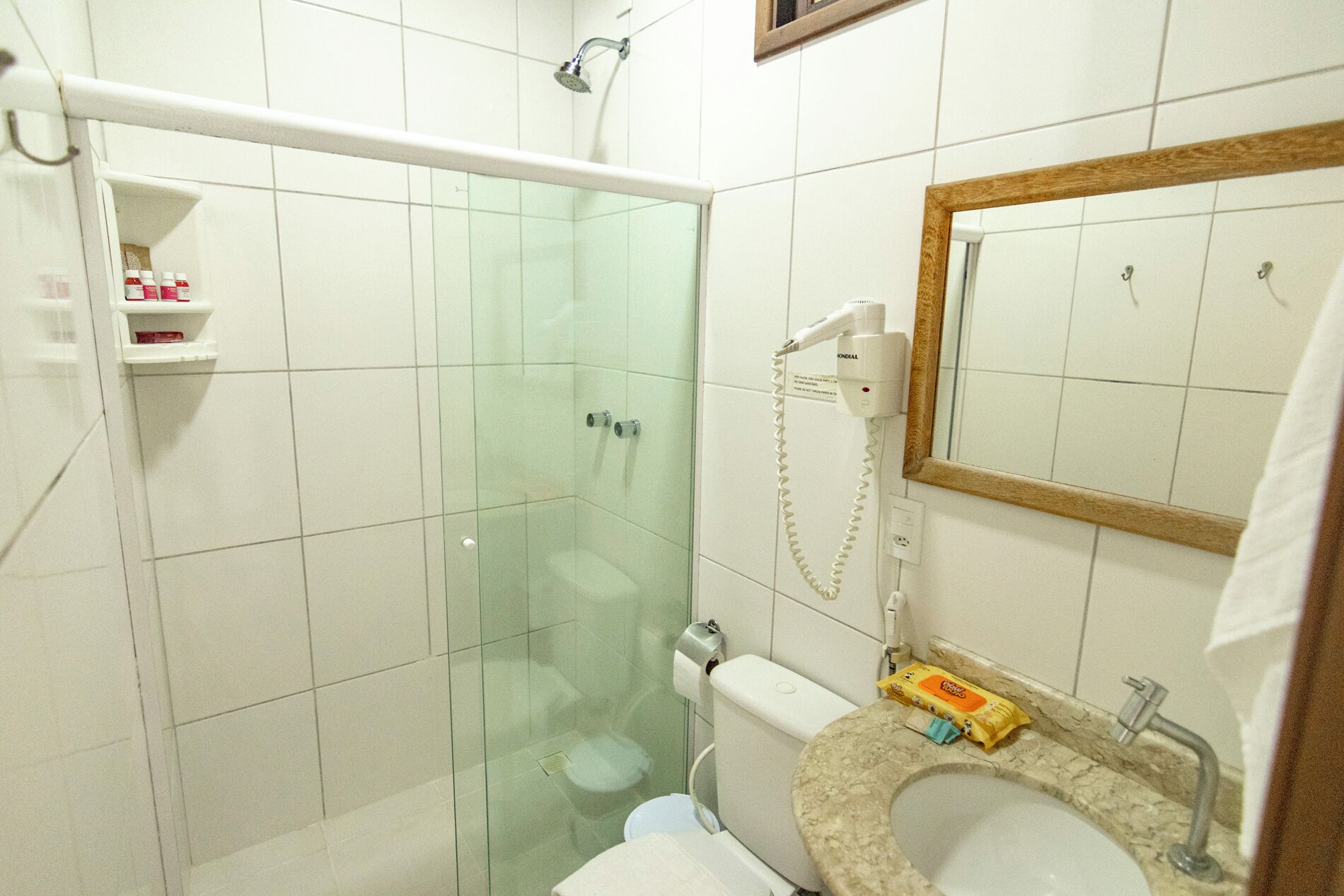 A bathroom with a glass-enclosed shower, a toilet, a sink with a marble countertop, and a mirror with a wooden frame.