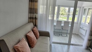 A modern living room with a sofa, a glass door leading to an outdoor patio, and a view of the outside.