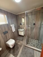 Un baño con inodoro, lavabo y zona de ducha.
