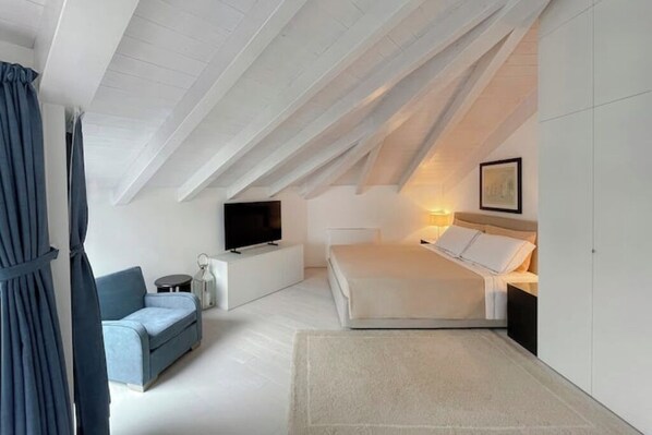A modern bedroom with a sloped ceiling, a bed, a TV, a sofa, and a bedside table. - Pliny Suite 33 -N.8- (Milano)