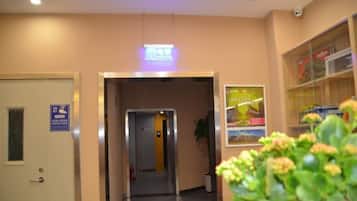 Un corridoio interno con una porta a sinistra, un ascensore al centro e una pianta sullo sfondo.
