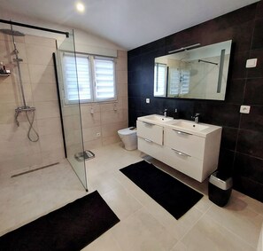 Shower, hair dryer, bidet, towels
