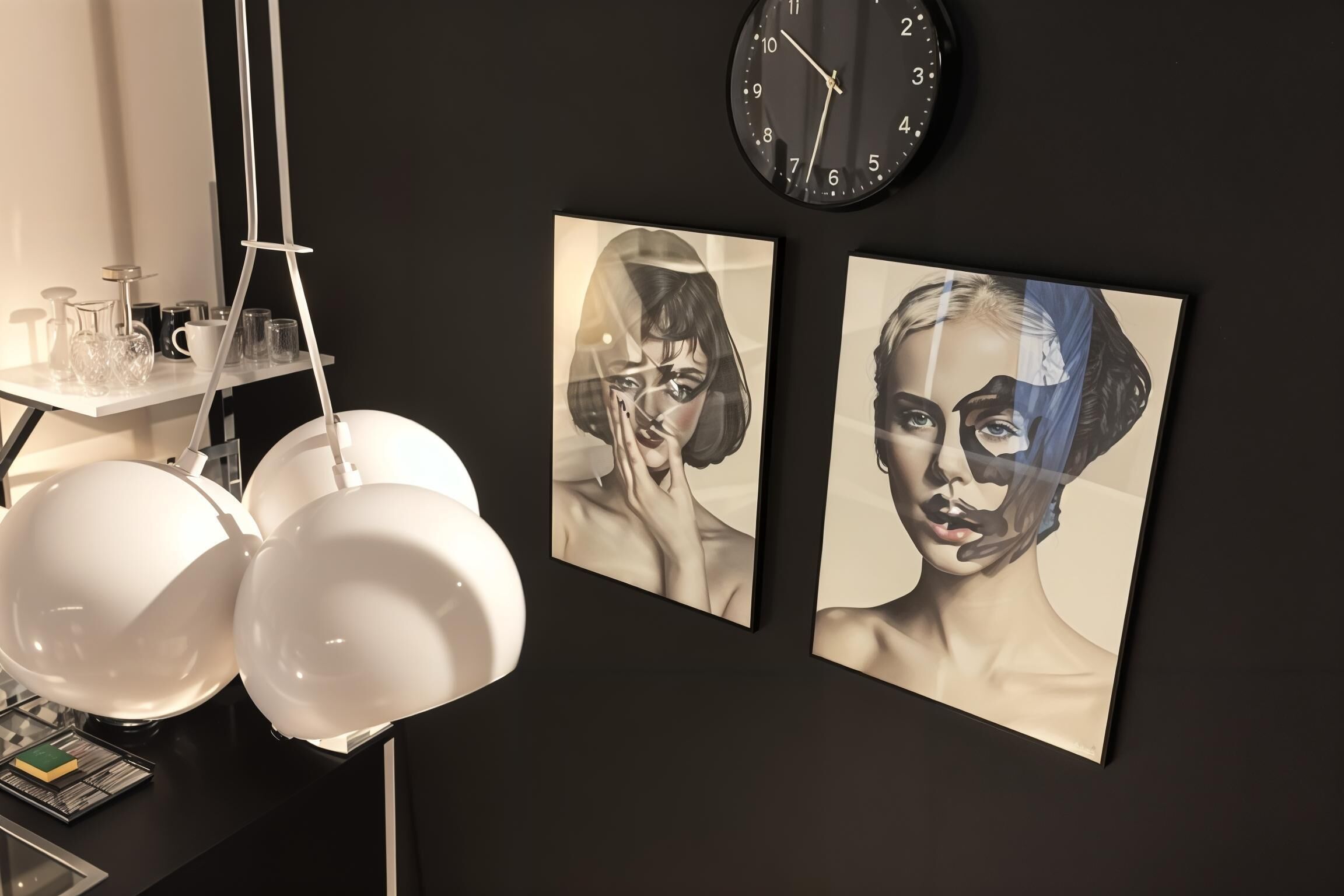 A wall with two framed artworks, a clock, and a shelf with decorative items.