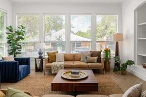 Smart TV, fireplace, books, stereo