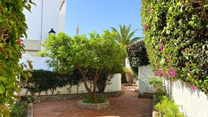 A paved courtyard with a tree in the center, surrounded by white walls and greenery. - Verano Azul 72 (Nerja)