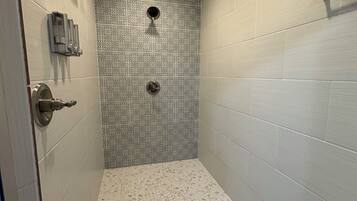 Shower, hair dryer, towels, toilet paper