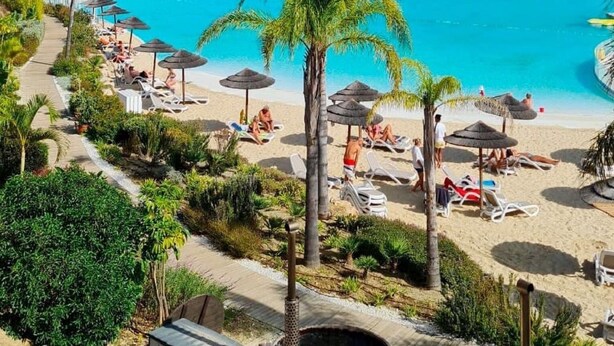 Un complexe hôtelier doté d’une grande piscine, de chaises longues et de palmiers.