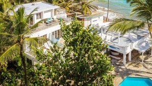 Une propriété située en bord de mer, dotée d’une piscine, de palmiers et offrant une vue sur l’océan.