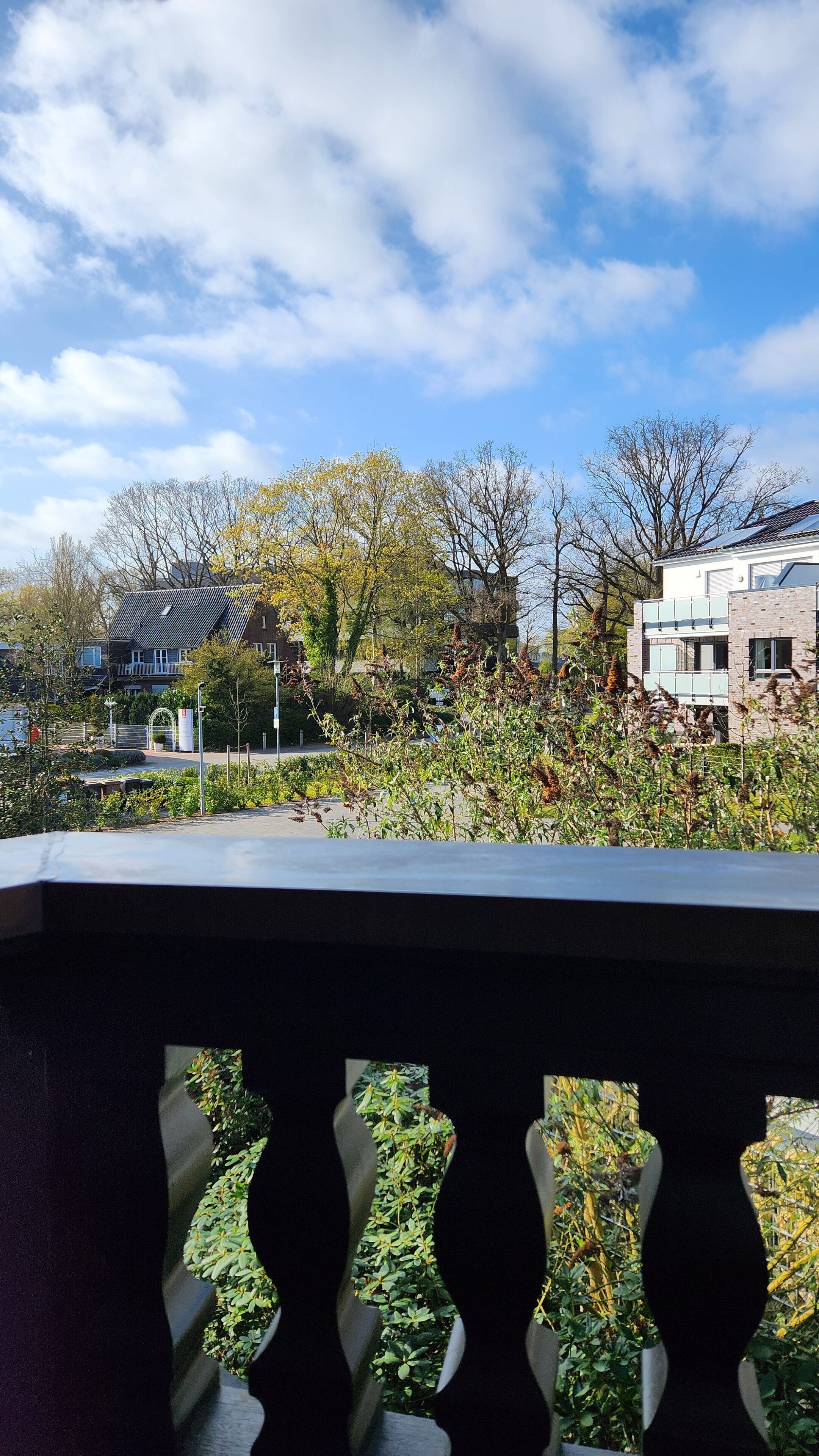 A balcony with a view of a residential area, including houses and trees.