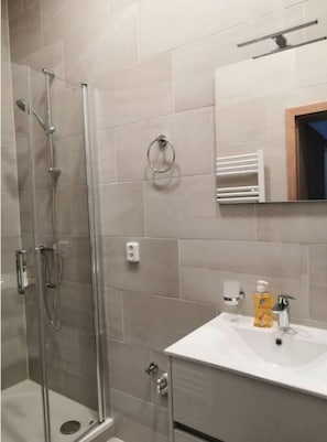 Shower, towels, soap, toilet paper