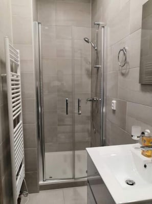 Shower, towels, soap, toilet paper