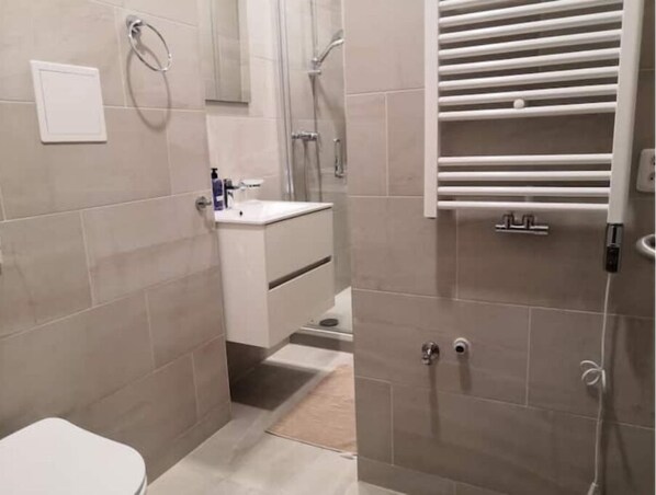 Hair dryer, towels, soap, toilet paper