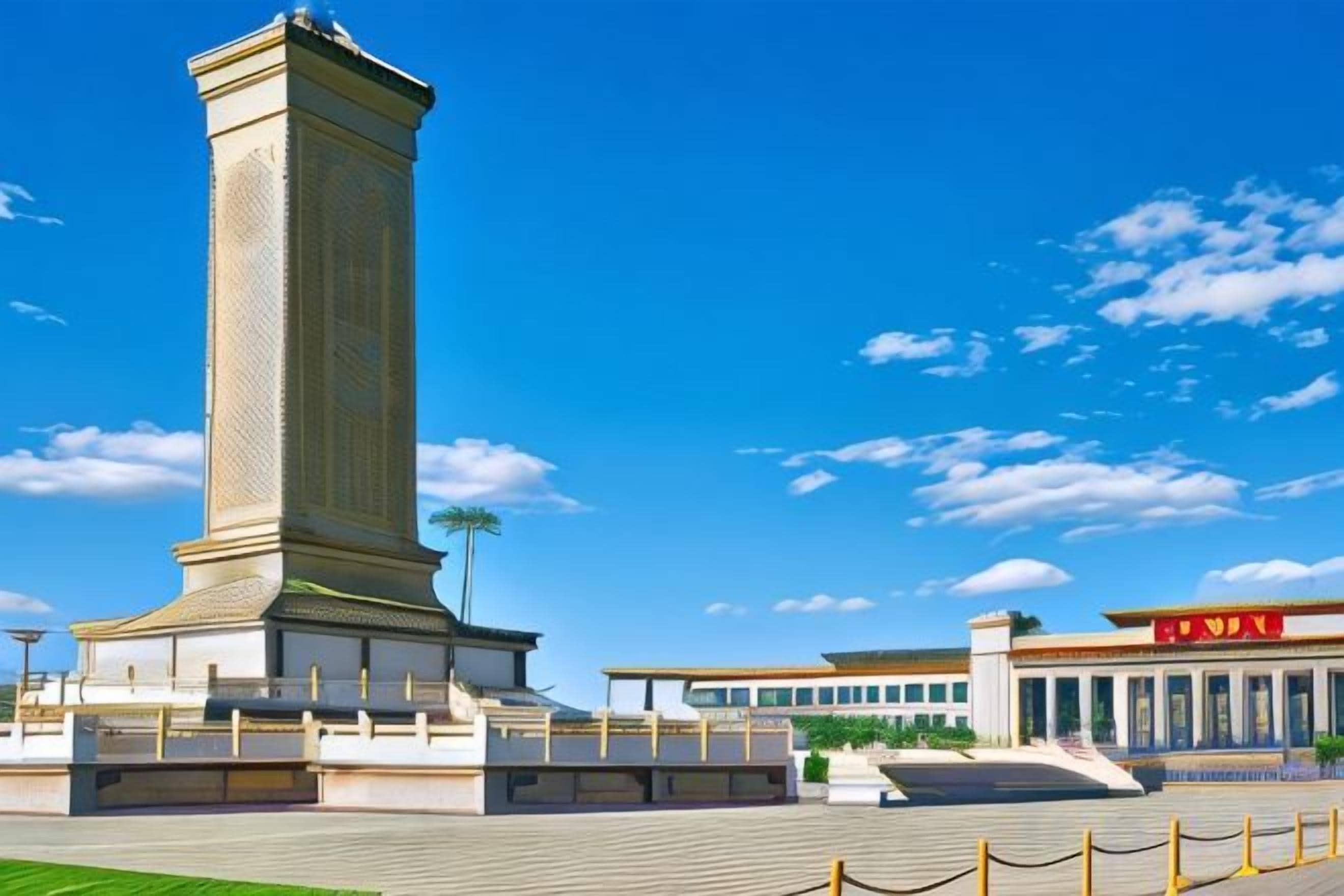 Un monument imposant à la base carrée, un bâtiment avec une enseigne rouge et un ciel d’un bleu éclatant.