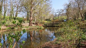 A serene pond surrounded by trees and a wooden bridge. - Pennine (Truro)
