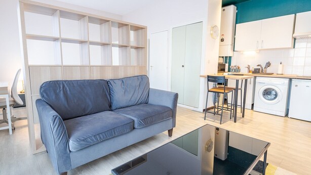 A modern living room with a grey sofa, a glass coffee table, and a kitchen area with a washing machine and cabinets. - Le Tribut - with car park (Tours)