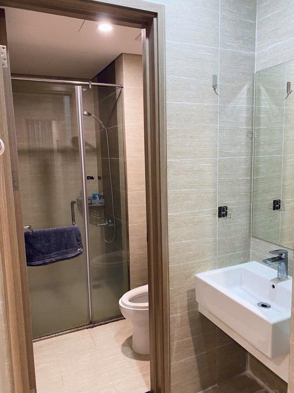 A modern bathroom with a glass-enclosed shower, a white sink, and a toilet.