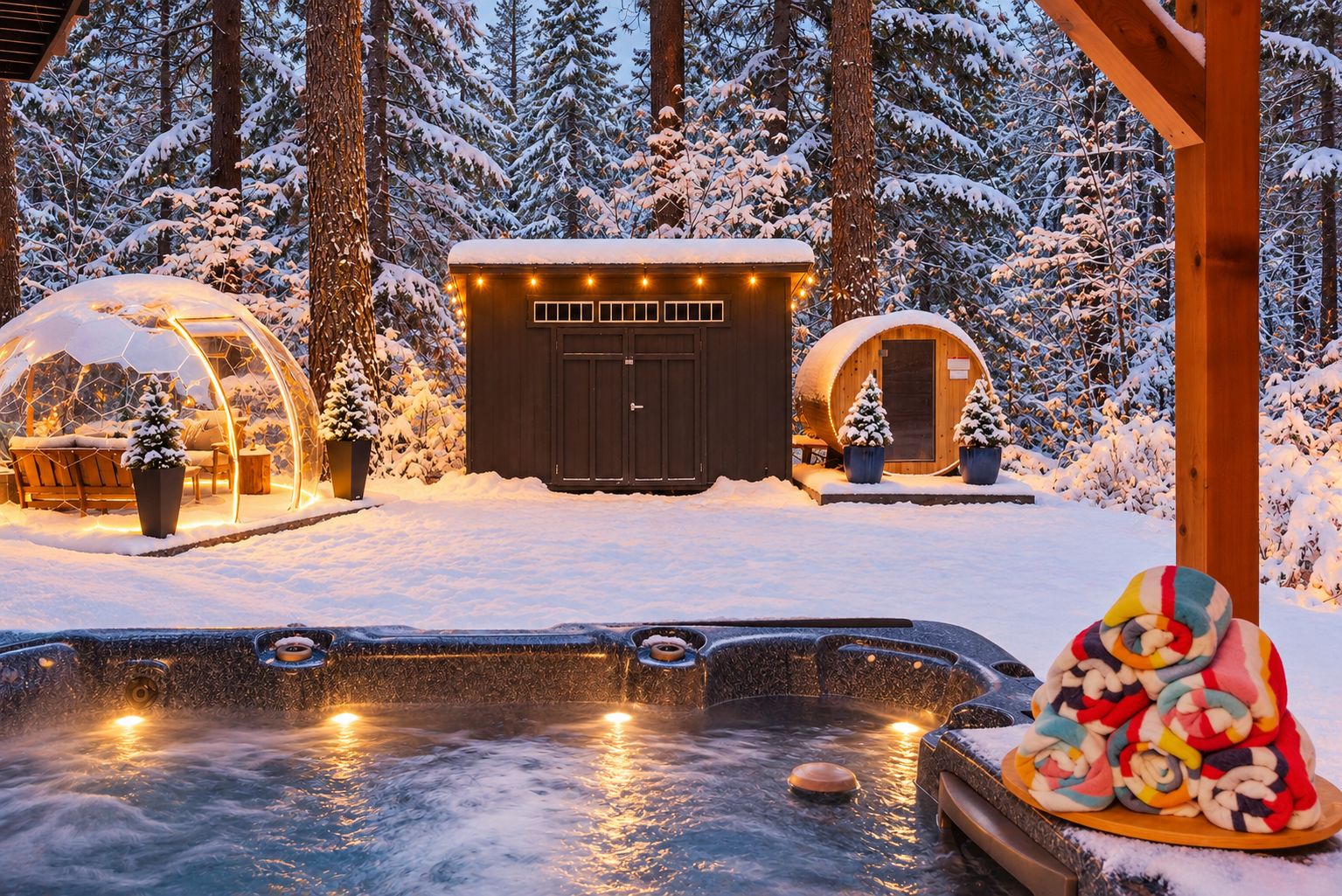 A snow-covered outdoor area with a hot tub, wooden cabins, and a gazebo.