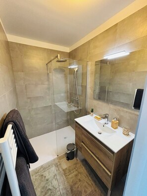 Douche, serviettes fournies, papier toilette