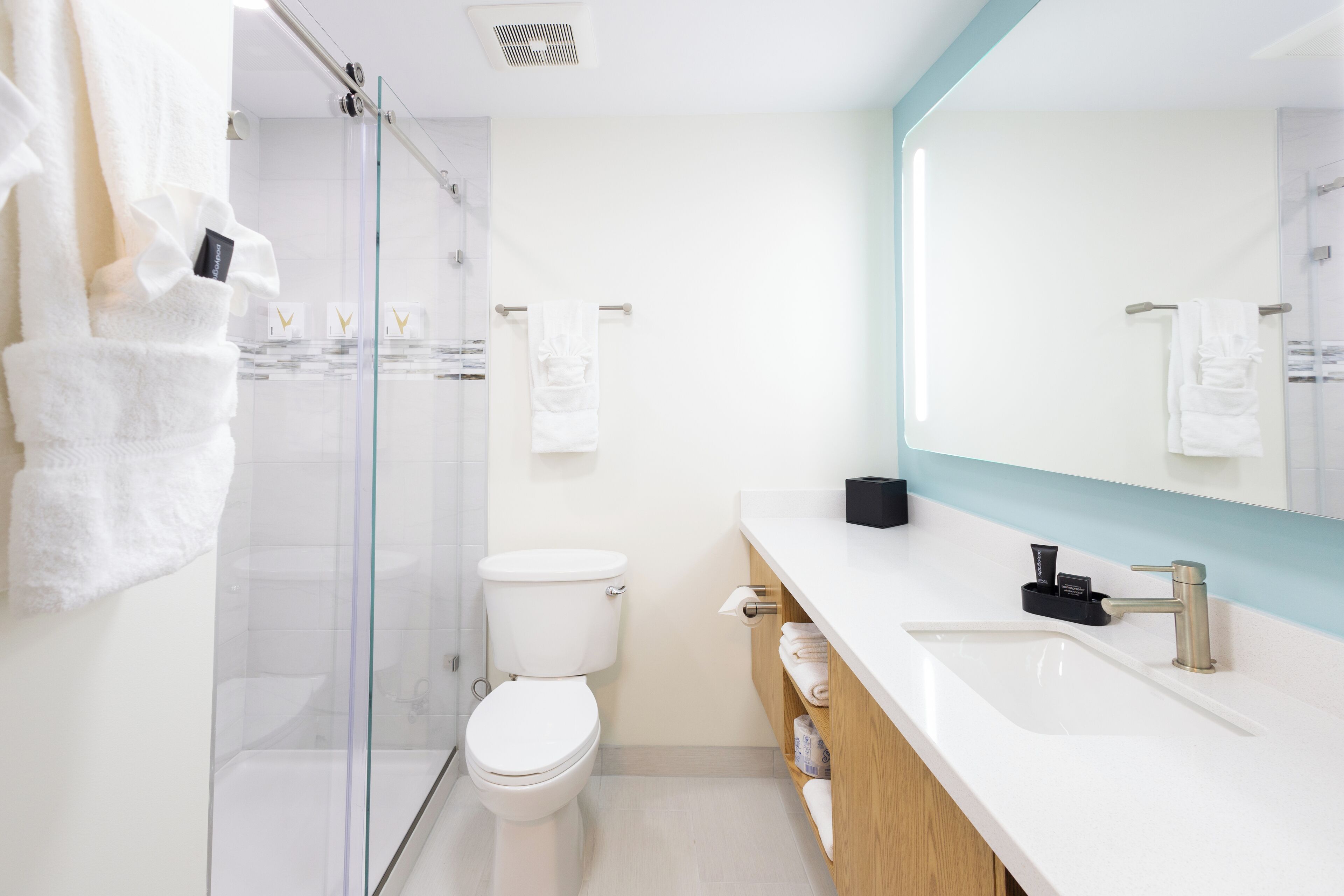 A modern bathroom with a glass shower enclosure, a white toilet, a sink with a mirror, and a towel rack.