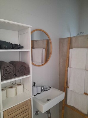 Douche, séchoir à cheveux, bidet, serviettes fournies