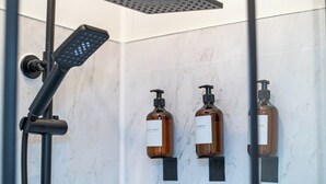 Un espace douche équipé d’un pommeau de douche à main et d’un pommeau de douche fixe, ainsi que de trois bouteilles de shampoing et d’après-shampoing.