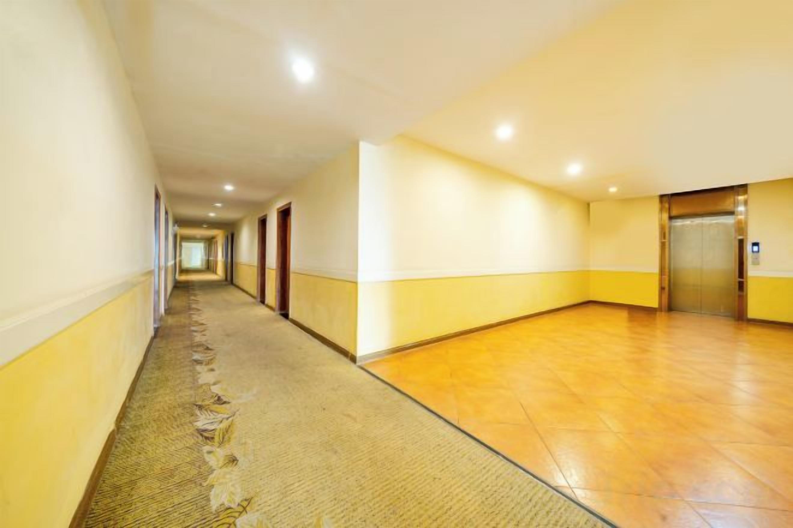 A hotel corridor with carpeted flooring, doors, and an elevator.