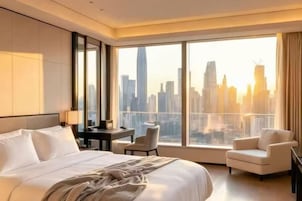 Habitación de hotel con una cama grande, un escritorio, una silla y vistas a un horizonte urbano a través de amplios ventanales.