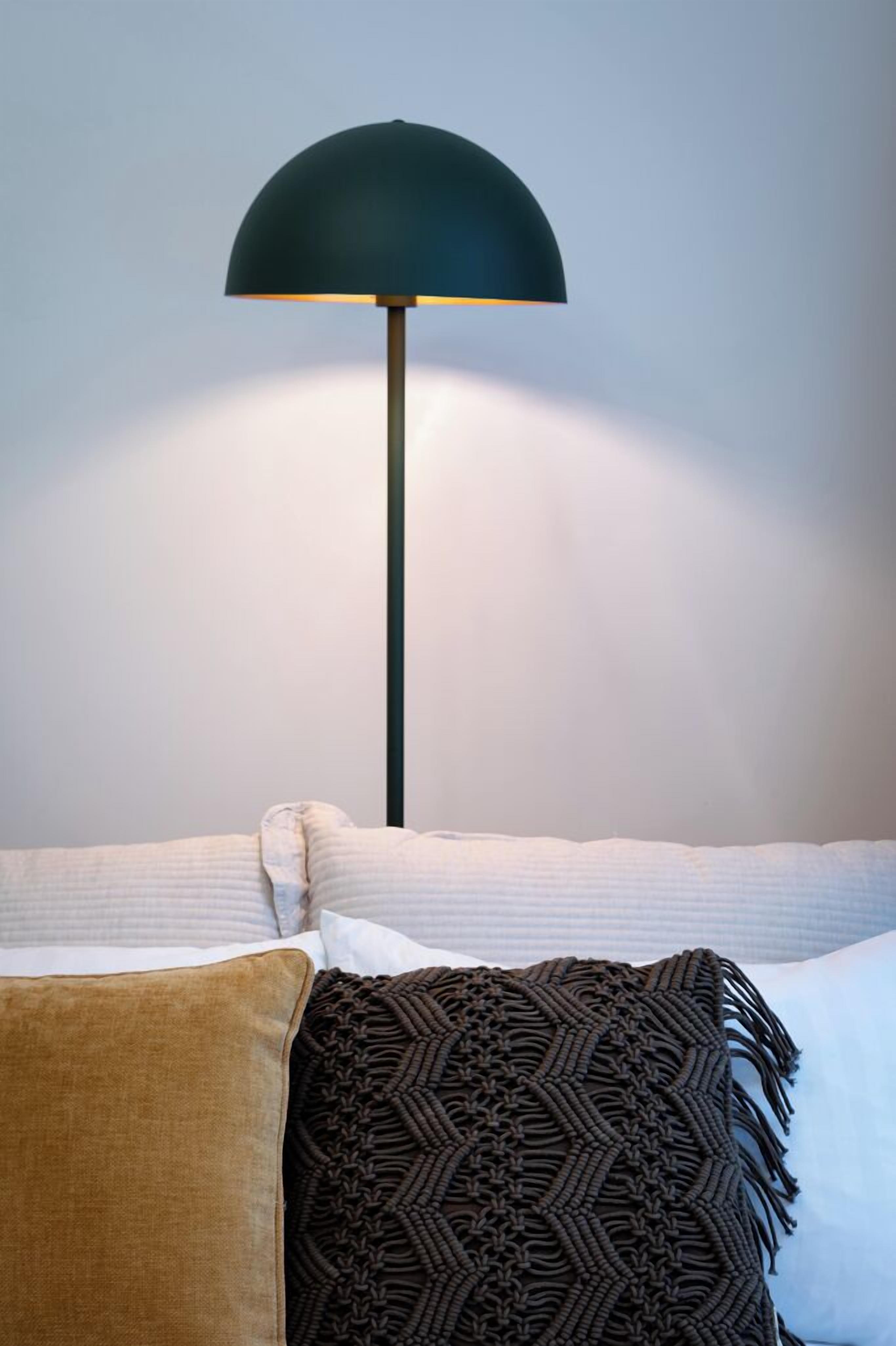 A bed with a white and brown pillow, a dark green floor lamp, and a white wall.