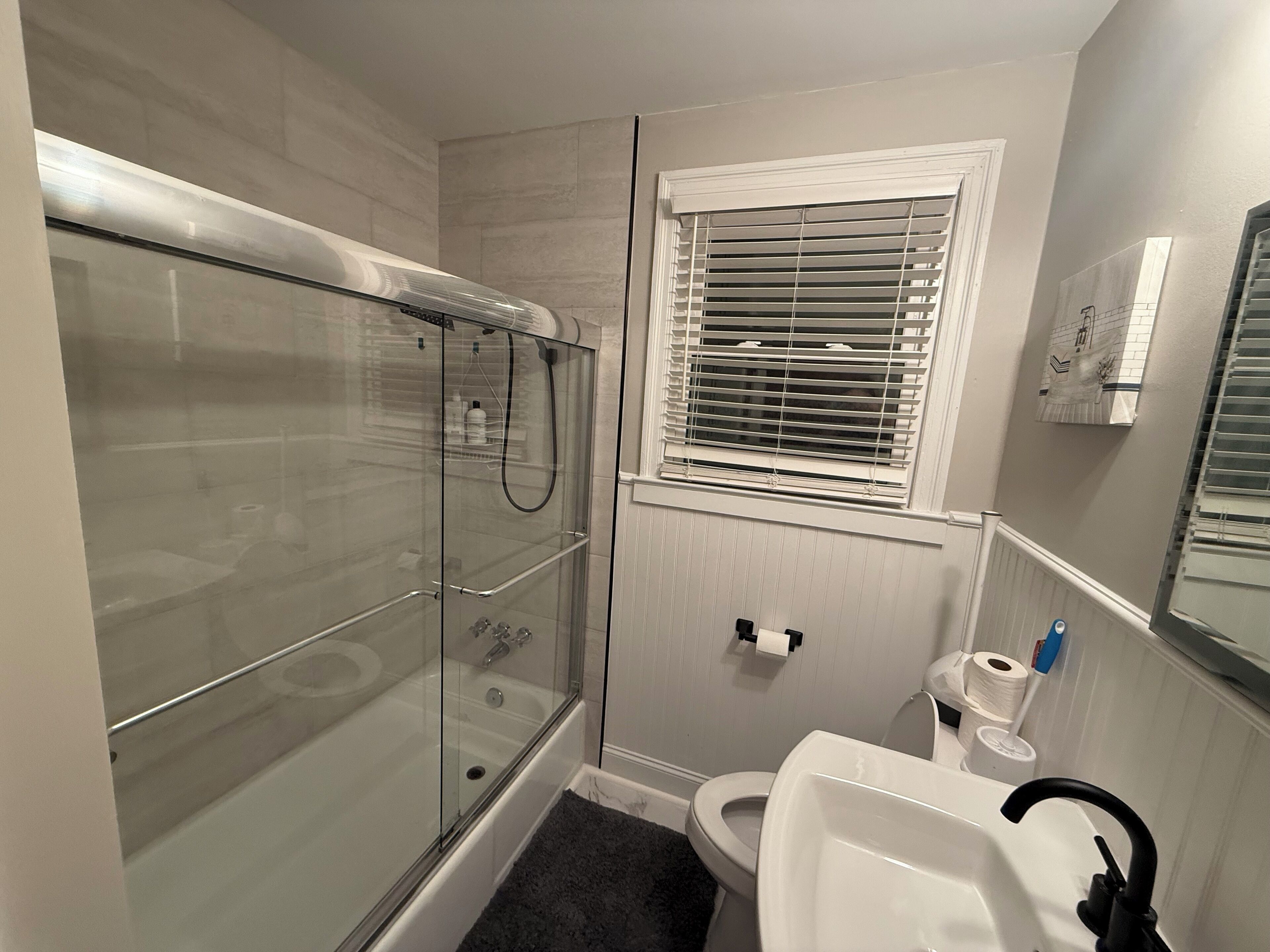 Hair dryer, towels, soap, shampoo