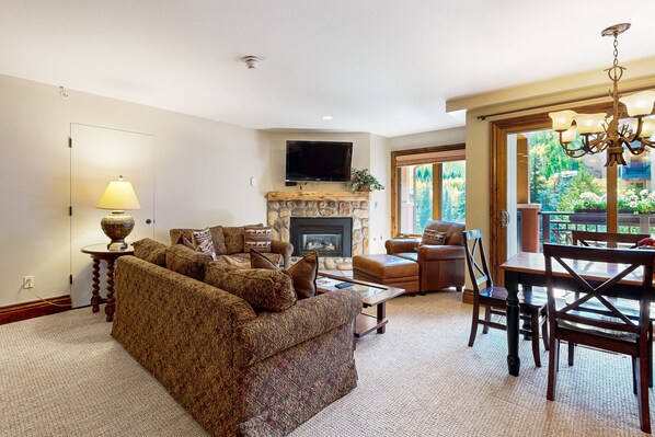 TV, fireplace, books
