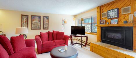 TV, fireplace, DVD player, video library