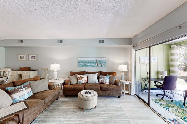 TV, fireplace, books