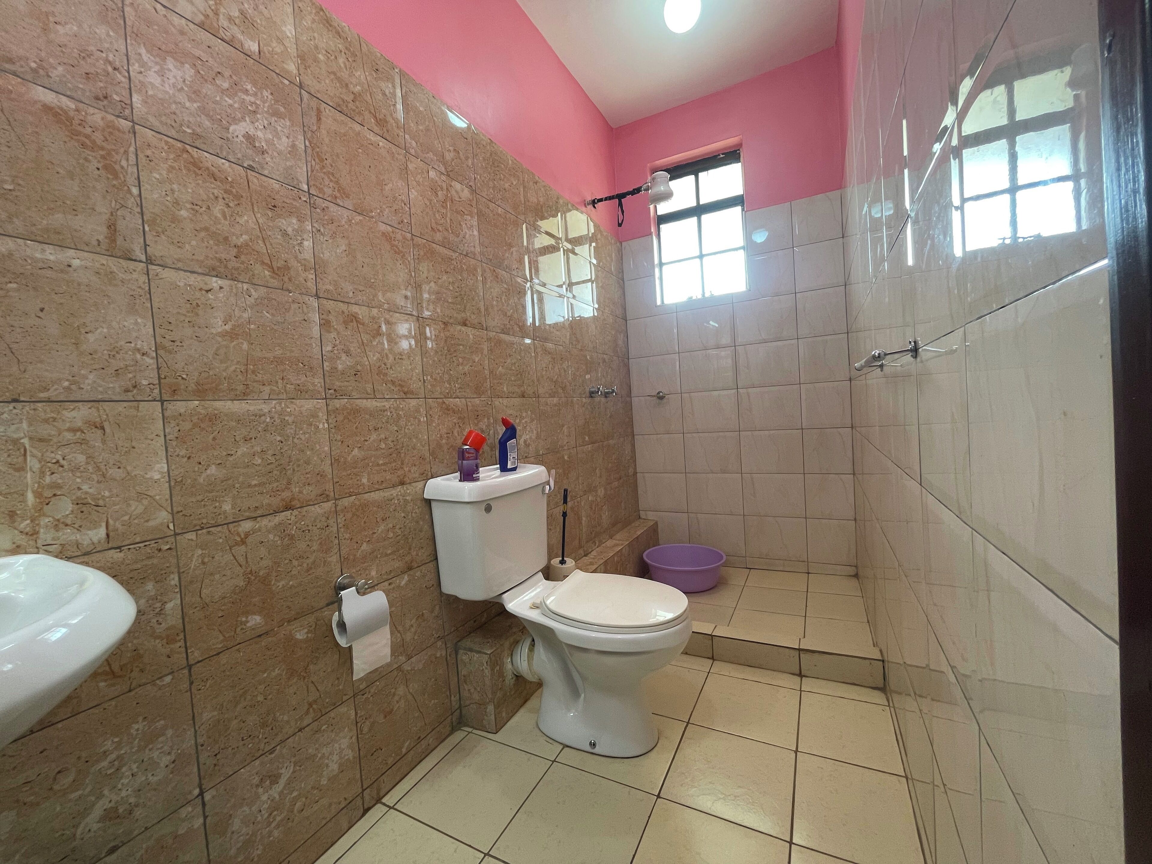 Ein Badezimmer mit Toilette, Waschbecken und Duschbereich.