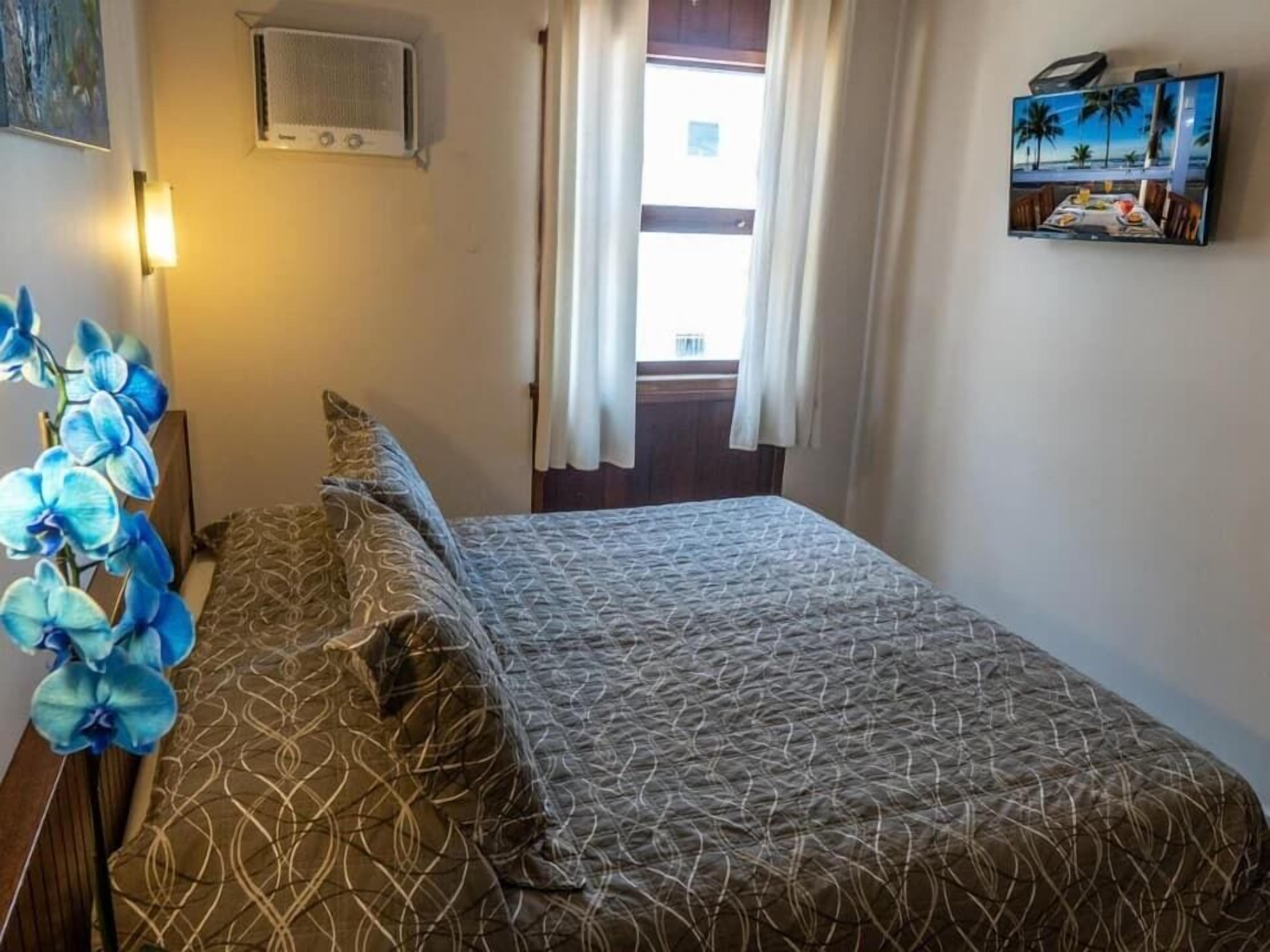 Une chambre à coucher avec un lit, un climatiseur fixé au mur, une fenêtre avec des rideaux et un tableau accroché au mur.