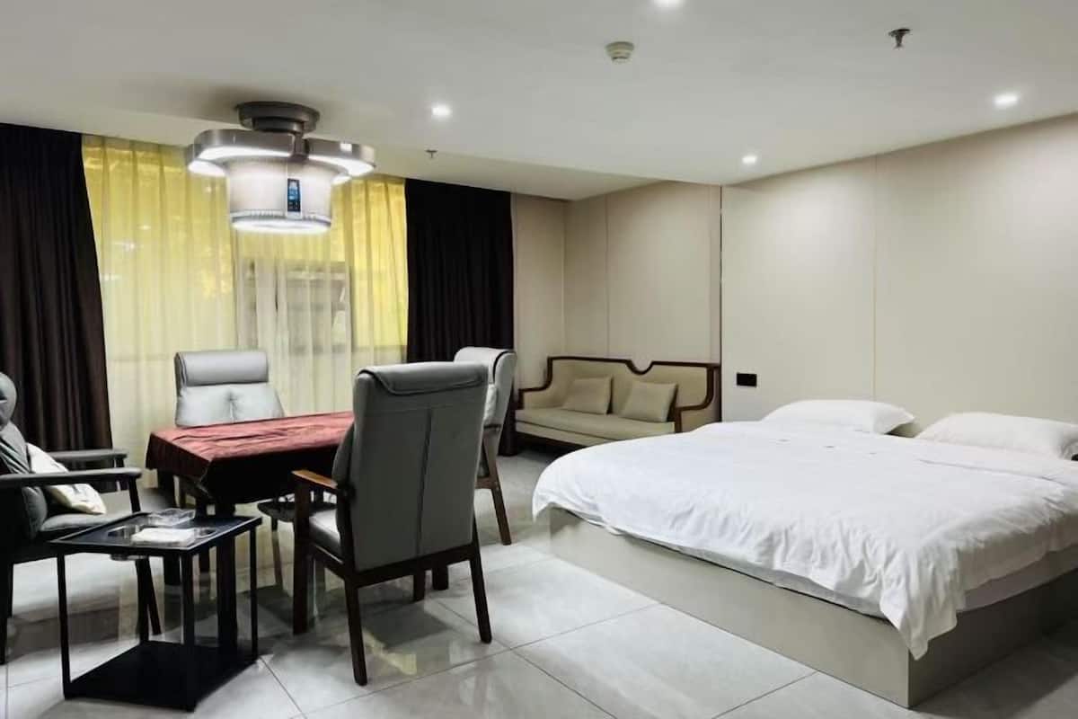 A hotel room with a bed, two chairs, a small table, a desk, and a ceiling light fixture.