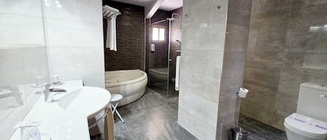 Suite Confort, vistas a la ciudad | Baño | Secador de pelo, toallas, jabón y champú