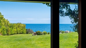 Blick auf eine Wiese mit einem Gewässer im Hintergrund, eingefasst von einem Fenster.