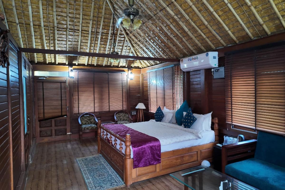 A wooden room with a bed, a sofa, a table, and a ceiling fan.