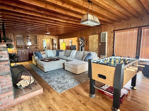Smart TV, DVD player, table football, books