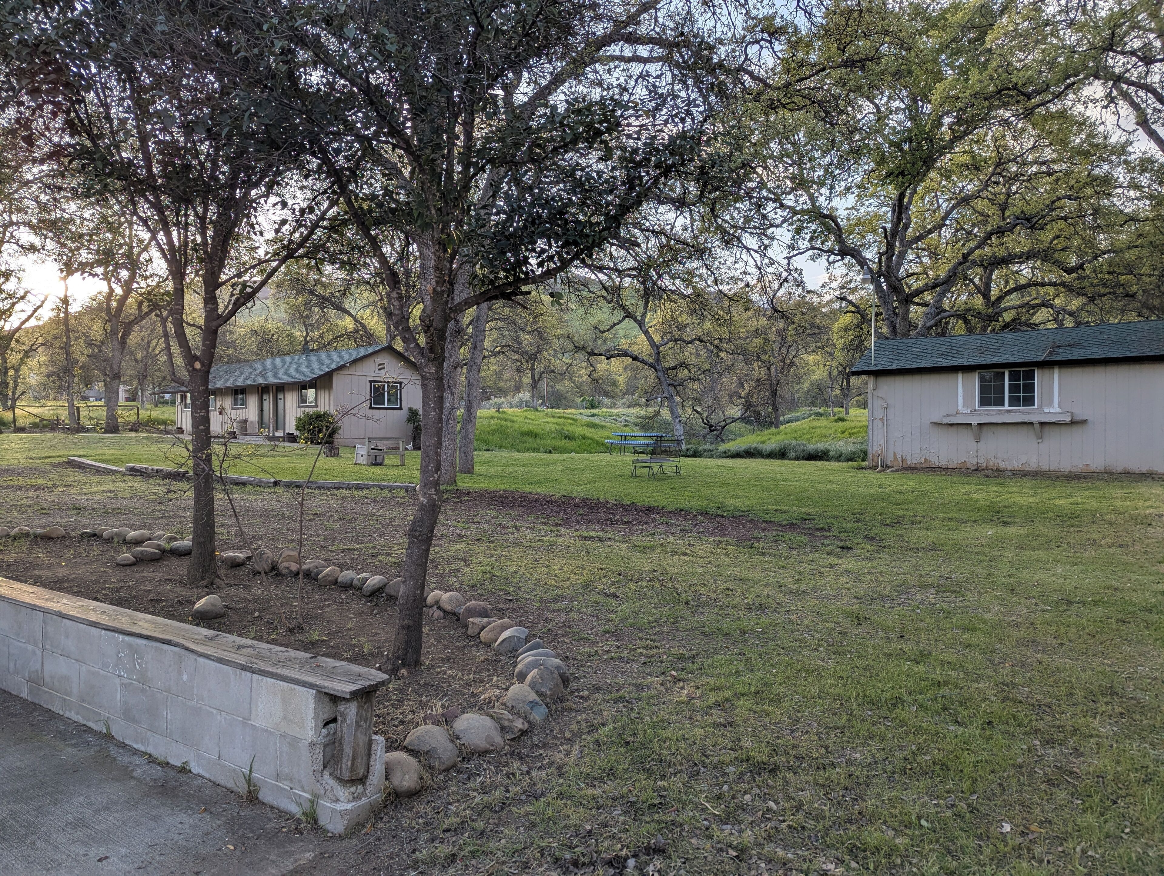 A residential area with a house, a small garden, and a picnic table.