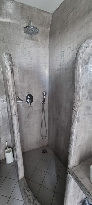 Shower, hair dryer, towels, toilet paper