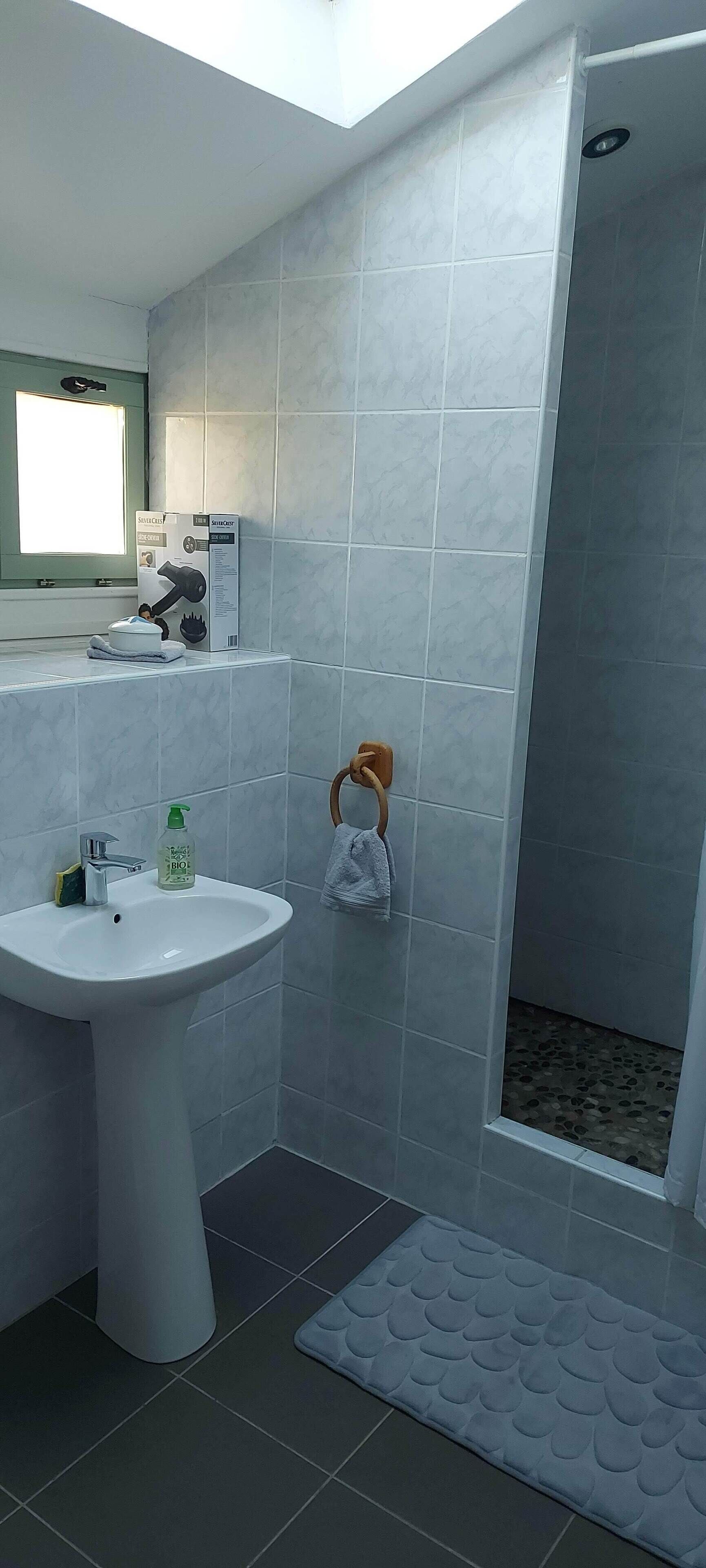 Un baño con lavamanos, ducha e inodoro.