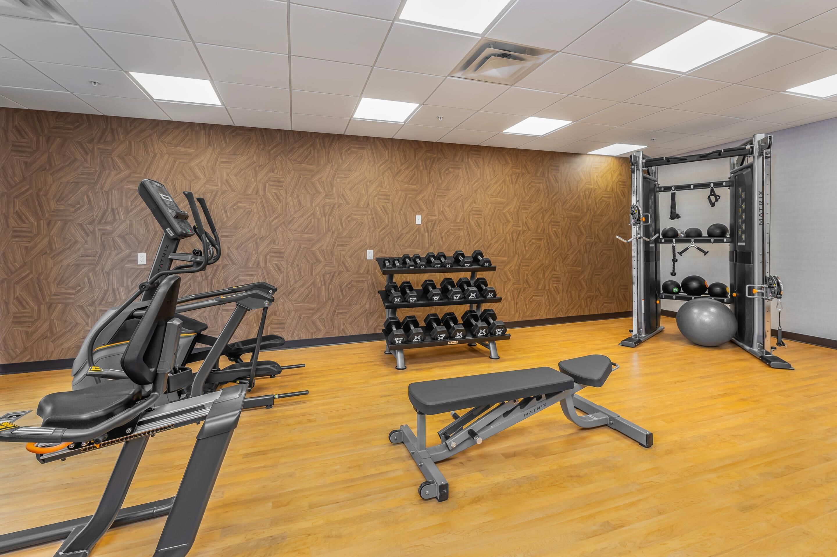 Un gimnasio con equipo cardiovascular, mancuernas, un banco y una estructura para sentadillas.