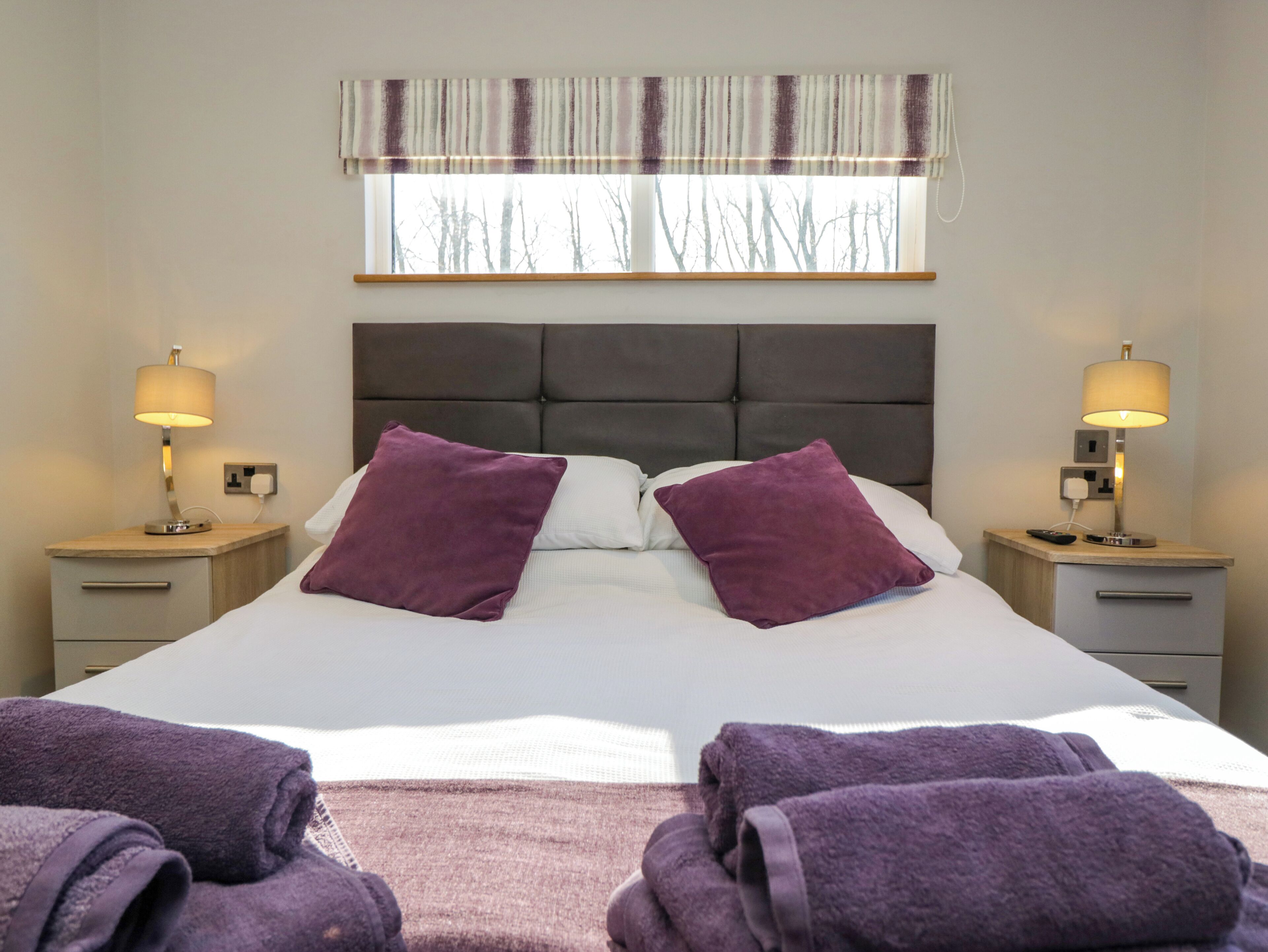 A hotel room with a large bed, two nightstands, a window with a view of trees, and a headboard.