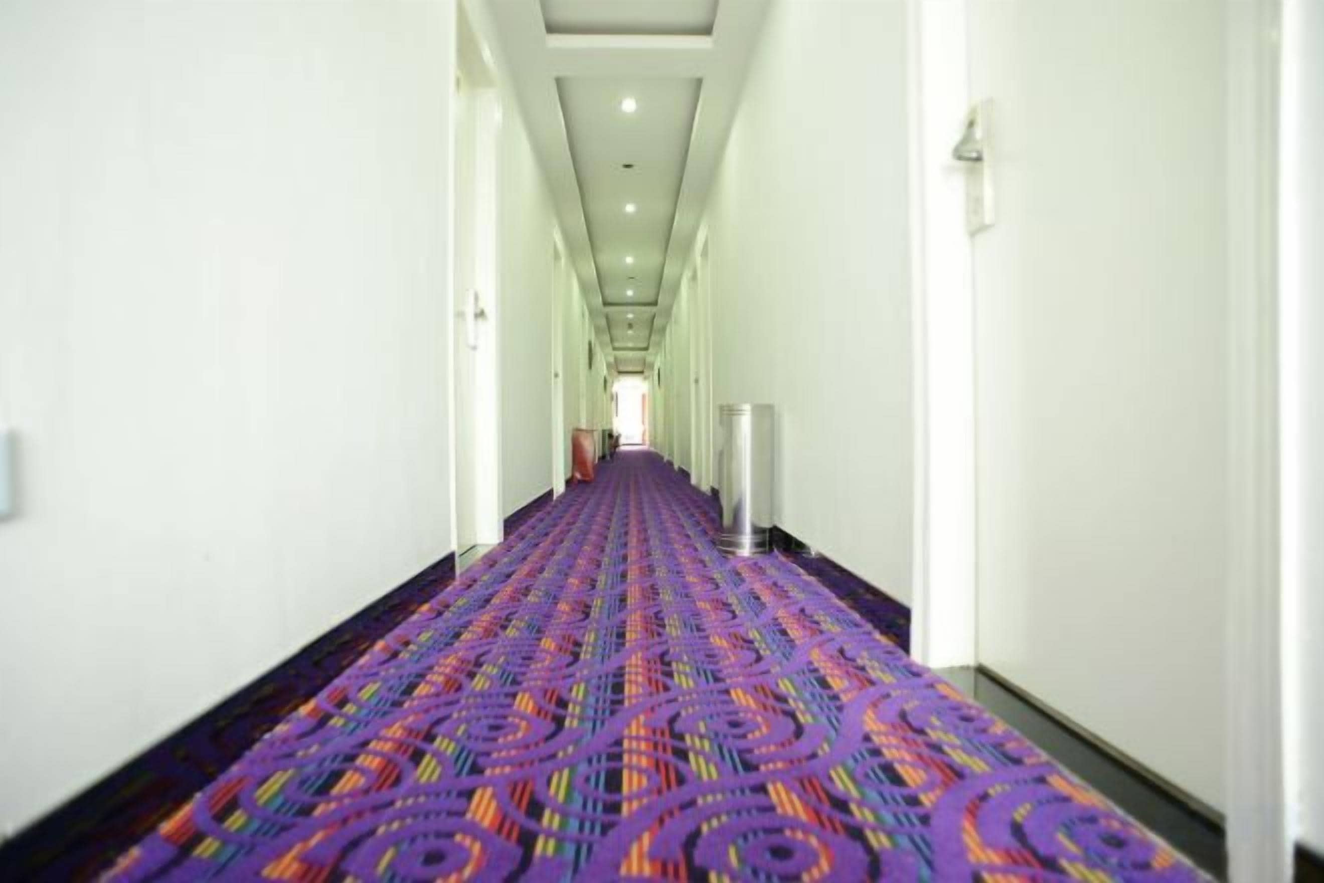 Un pasillo de hotel con alfombra estampada, paredes blancas y una puerta al final.